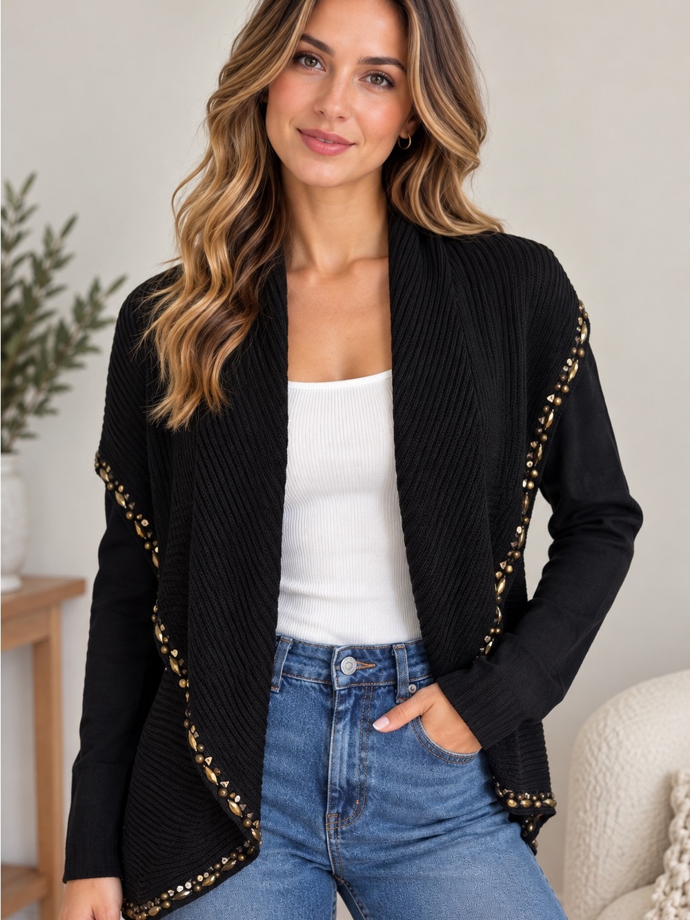 Adrienne Vittadini Women’s Black Studded Shawl Collar Open Front Cardigan